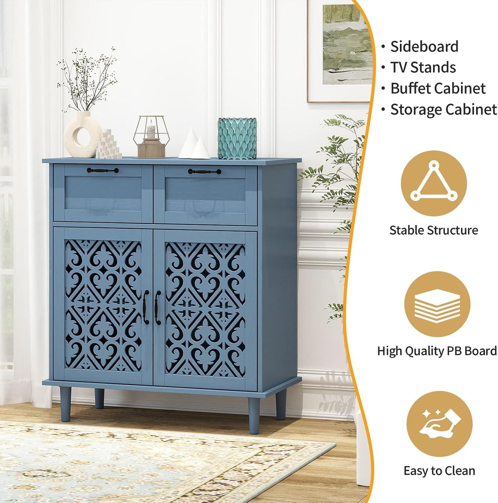 Kitchen Storage Cabinet with Drawers - Accent Cabinet with Carved Door, Floor...