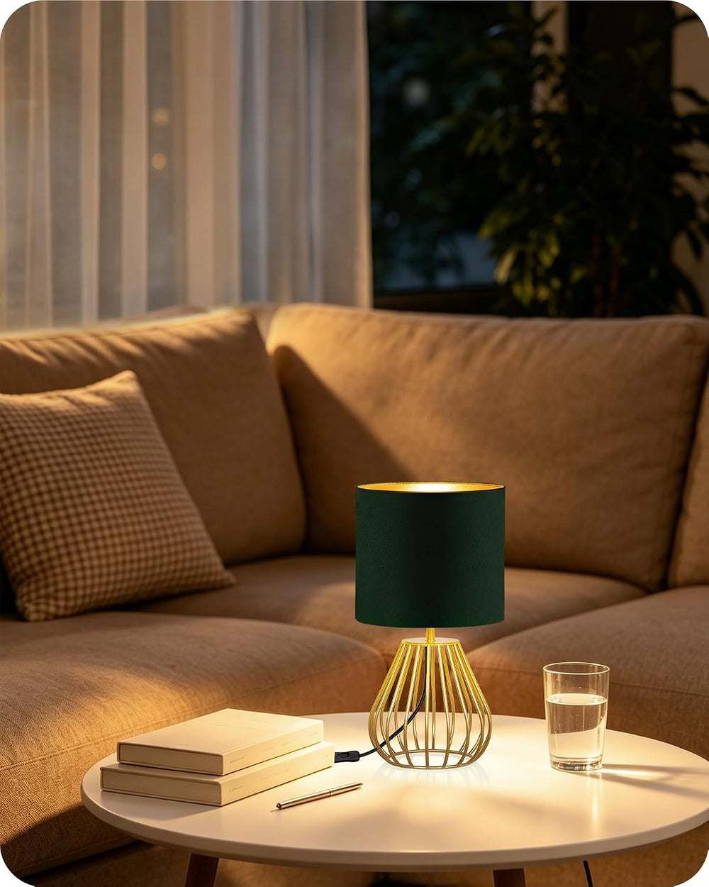 Green and Gold Table Lamp,12.6" Small Bedside Lamp with Bulb