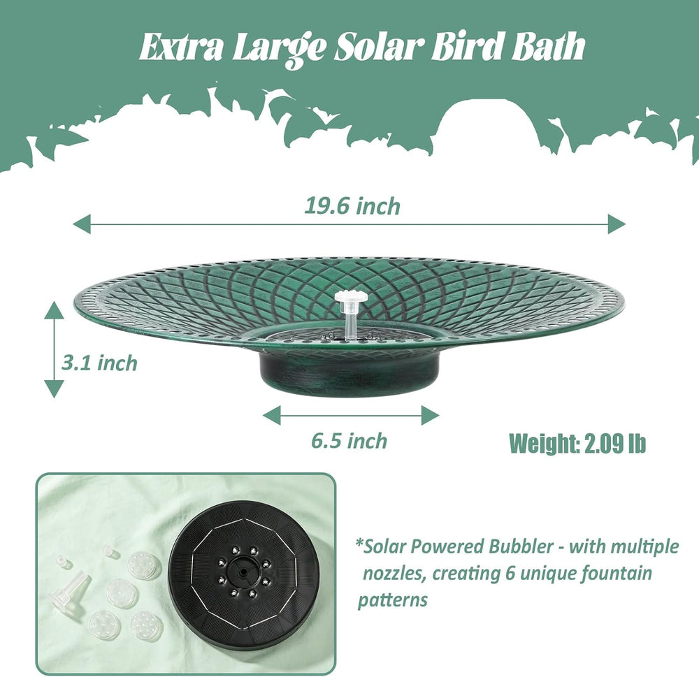 19.6" Metal Bird Bath with Solar Fountain, LED & Battery Large Birdbath