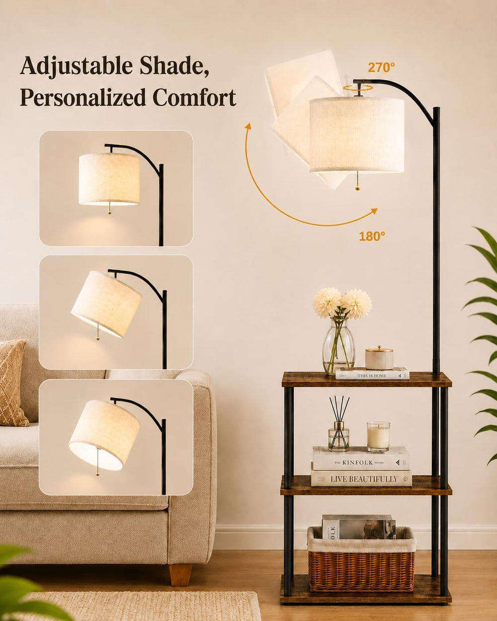 GERGO Floor Lamp with Table, Side Table for Living Room, 3 CCT 9W LED Bulb