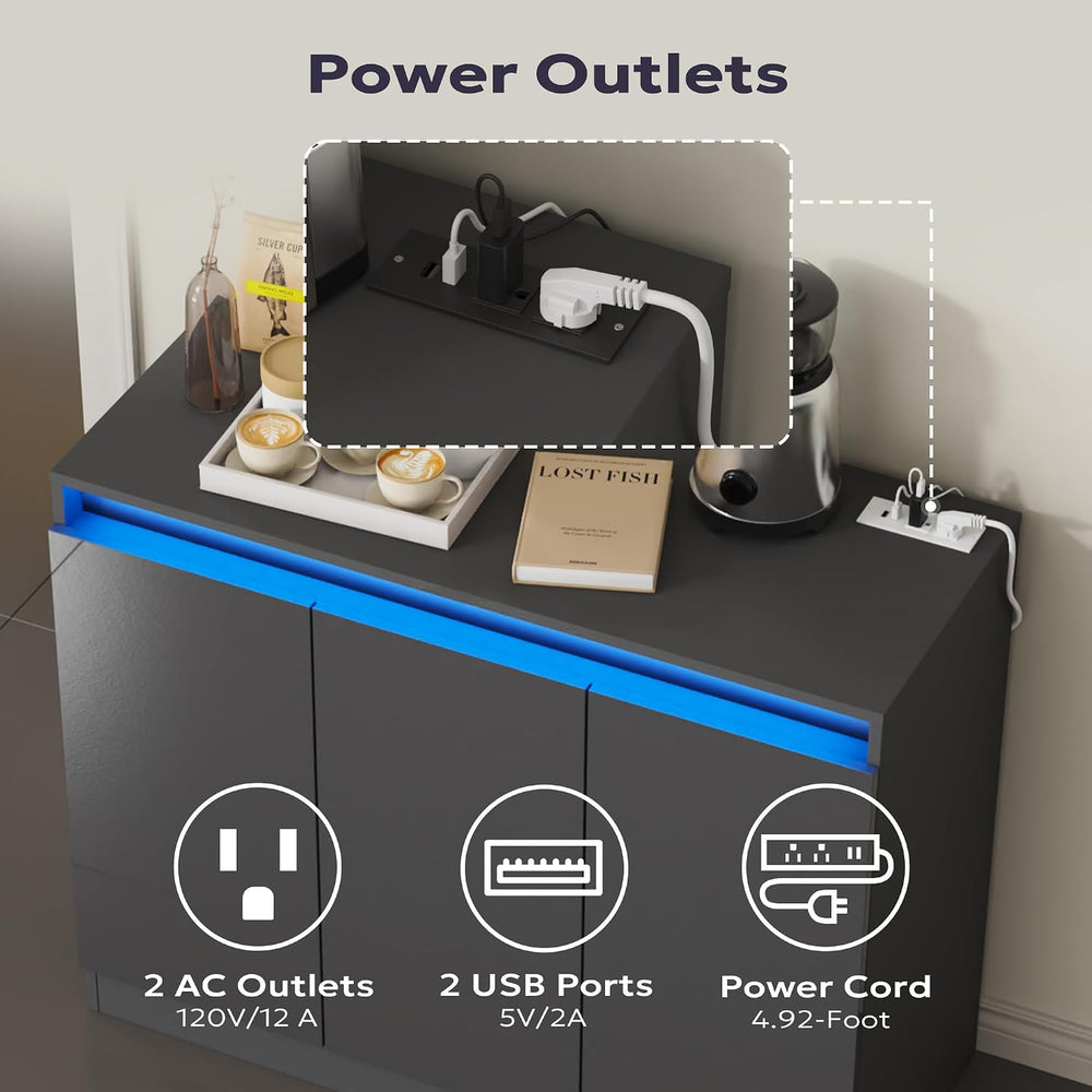 Furnify High Gloss Buffet Cabinet with LED Lights & Charging Station, Grey