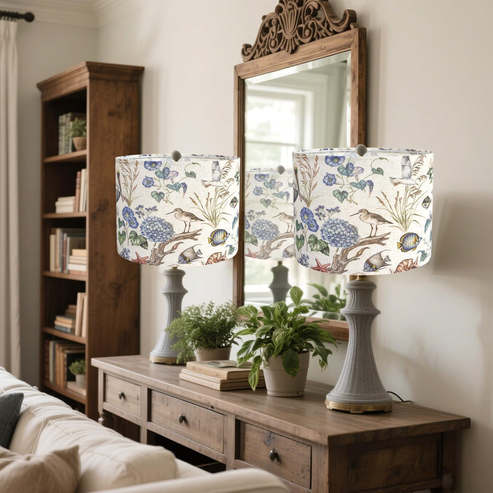 Drum Lampshades, Print Floral Linen Lamp Shade with White Frame