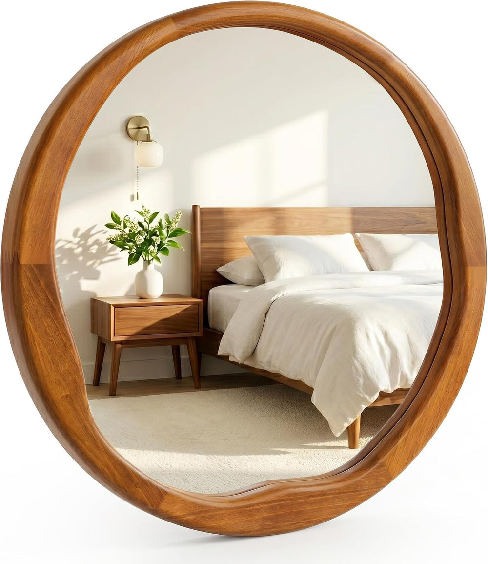 Warm Walnut 24 Inch Round Wood Wall Mirror, Asymmetrical Inner Edge