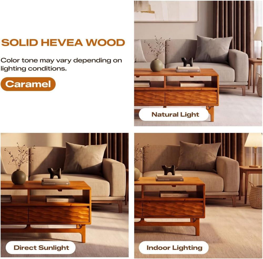 Acacia Elara 47" Wood Coffee Table with Open Shelf & 2 Drawers, Caramel