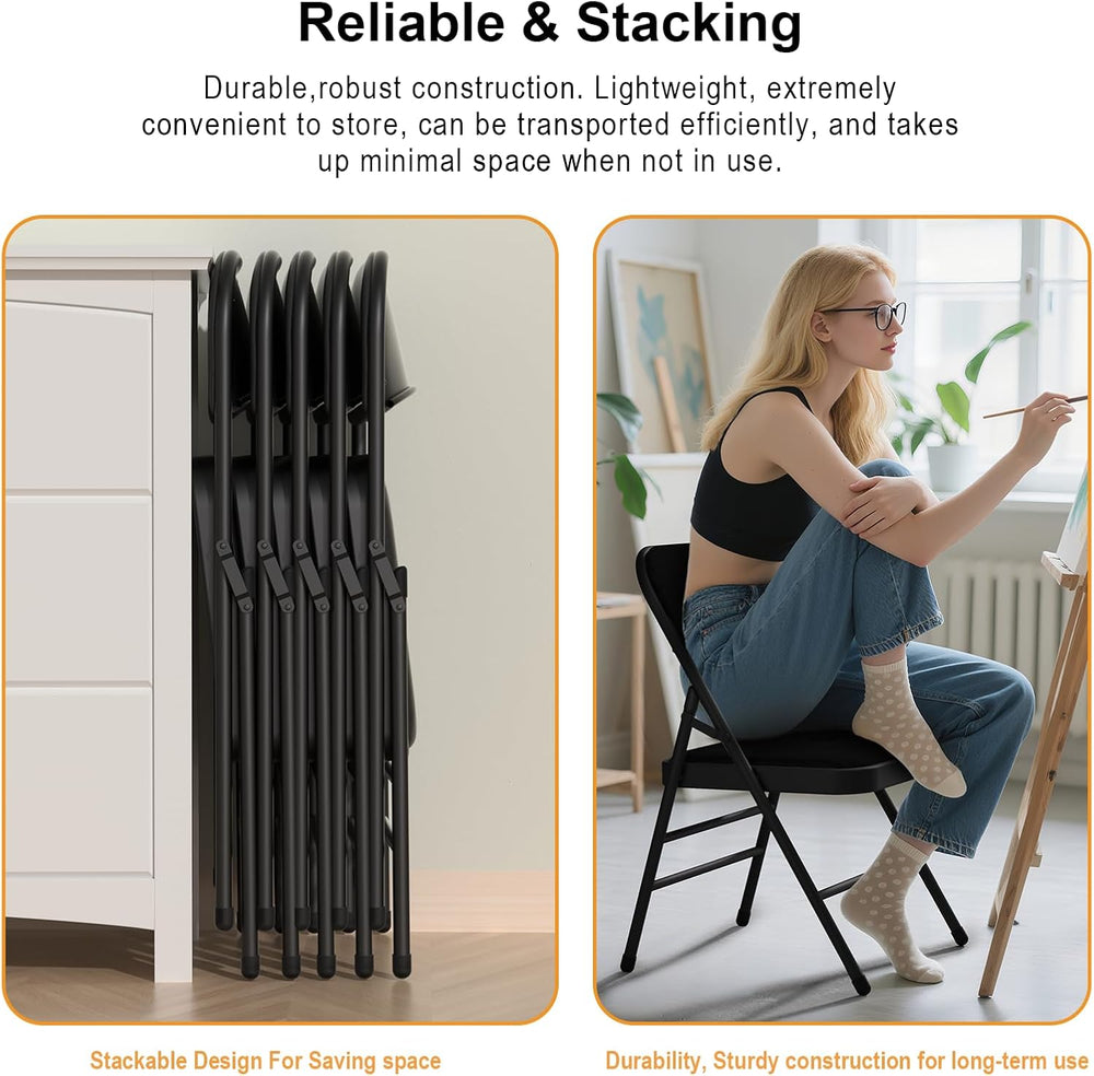 4 Pack Padded Folding Chairs with Fabric Cushion and Back, Charcoal Black