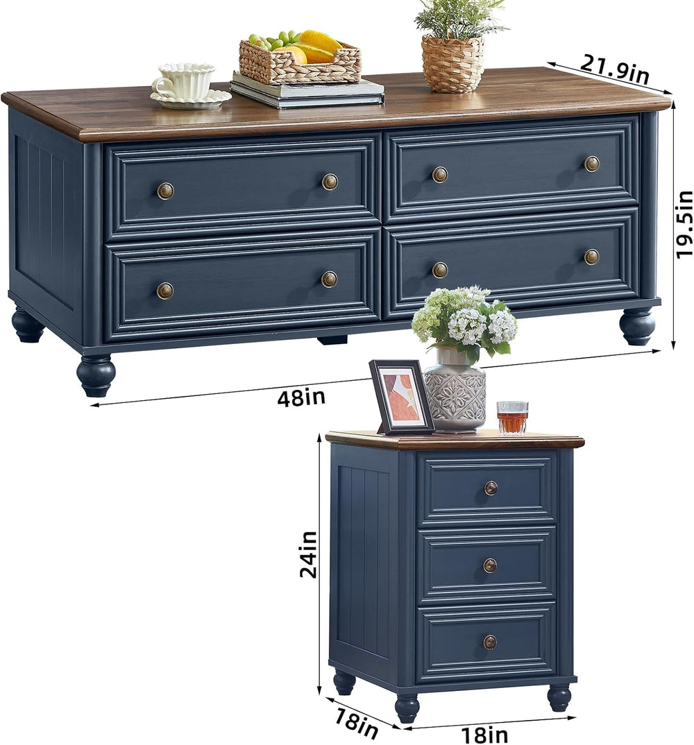 RWYHG Farmhouse Coffee Table & Night Stand Set of 3, Wood 54'' Wi...