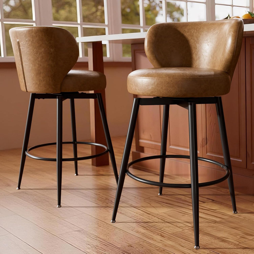 26" Brown Bar Stools Set of 2, Swivel Kitchen Island Chairs