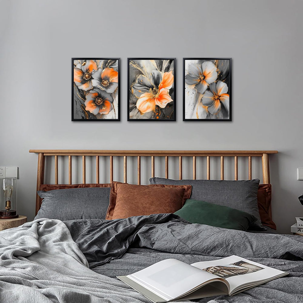 3 Piece Orange and Grey Abstract Flower Canvas Wall Art with Black Frame