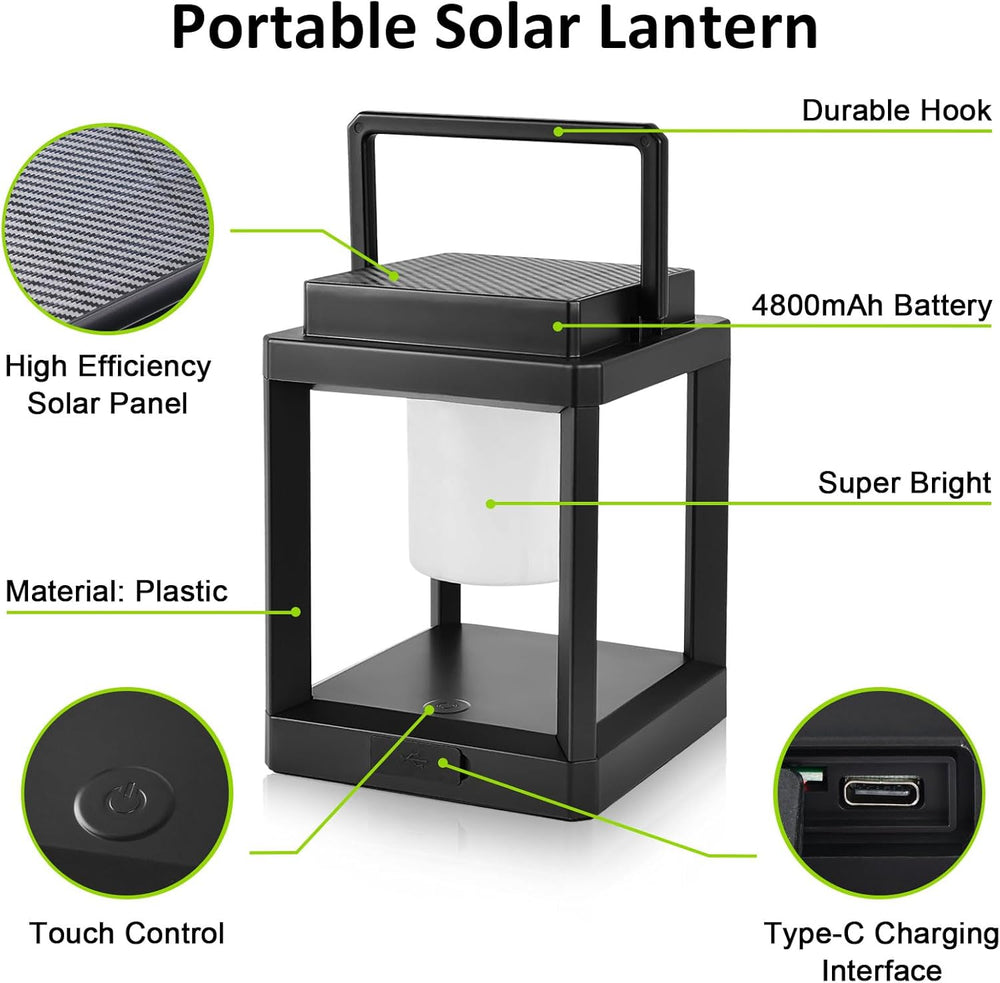 Solar Lantern Outdoor Table Lamp, Cordless Rechargeable Light