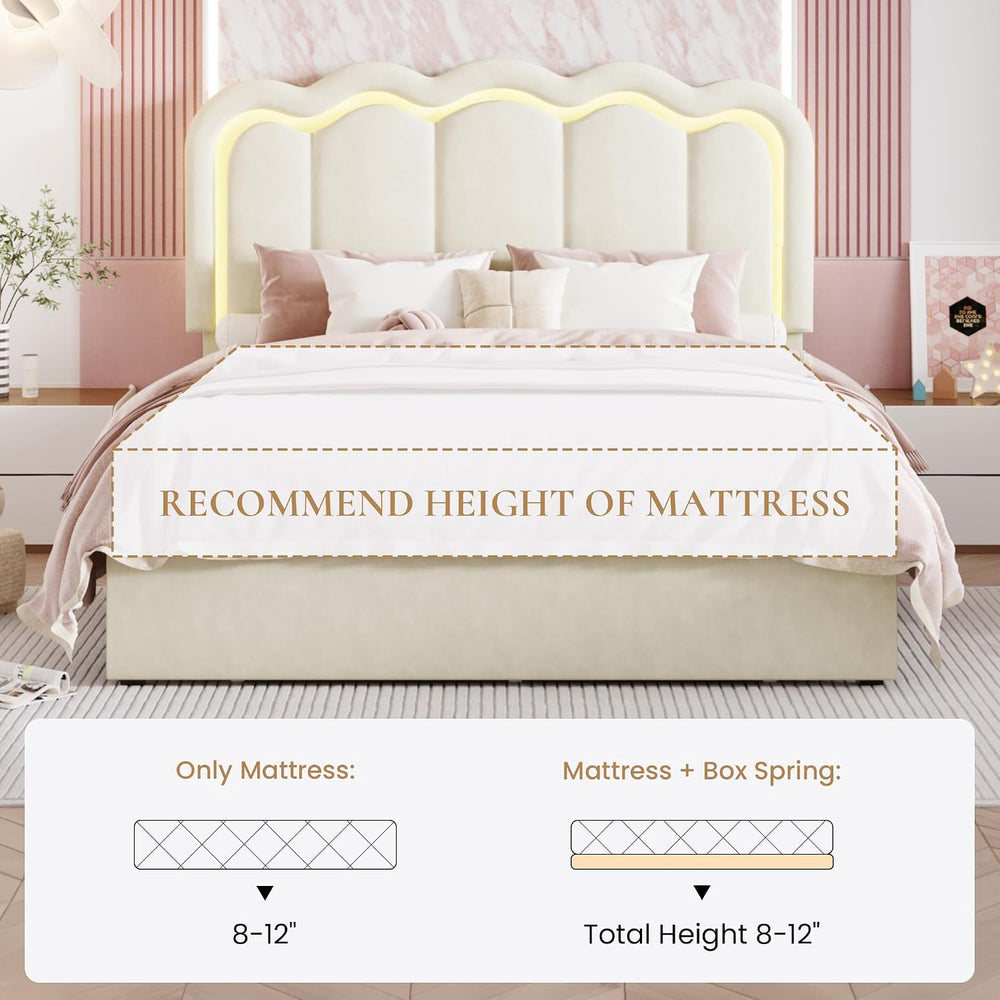 SHA CERLIN Full Size Bed Frame with LED Lights and Storage Drawer, Cream