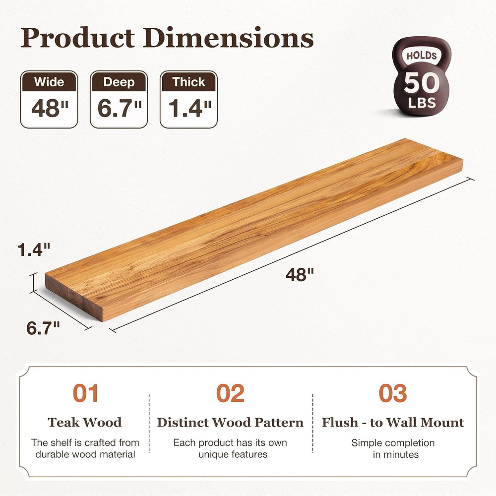 48Inch Floating Shelf, Solid Teak Wood Wall Shelf