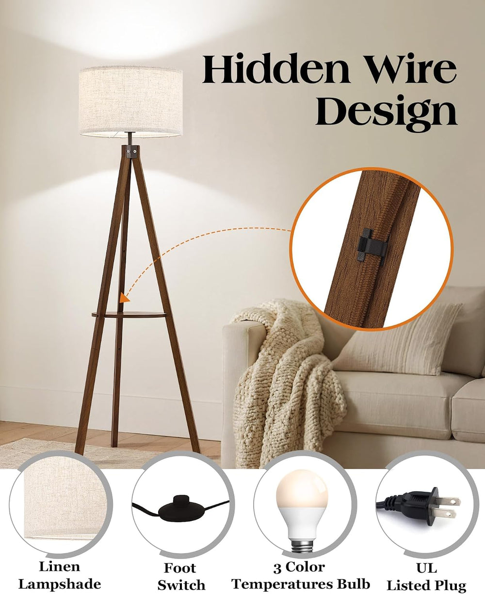 ELYONA Tripod Floor Lamp with Table, Mid Century Wood Shelf Standing Light Mo...