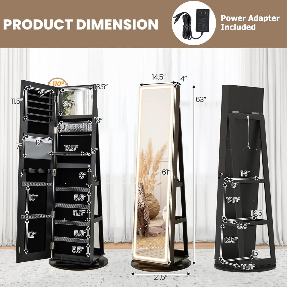 CHARMAID 360° Swivel Jewelry Armoire with LED Lighted Full Length Mirror