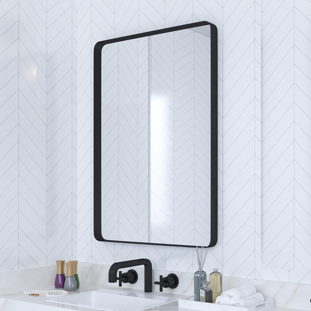 VocalStar Black Bathroom Mirror for Wall, 18 x 26 Inch Rounded Rectangle Meta...
