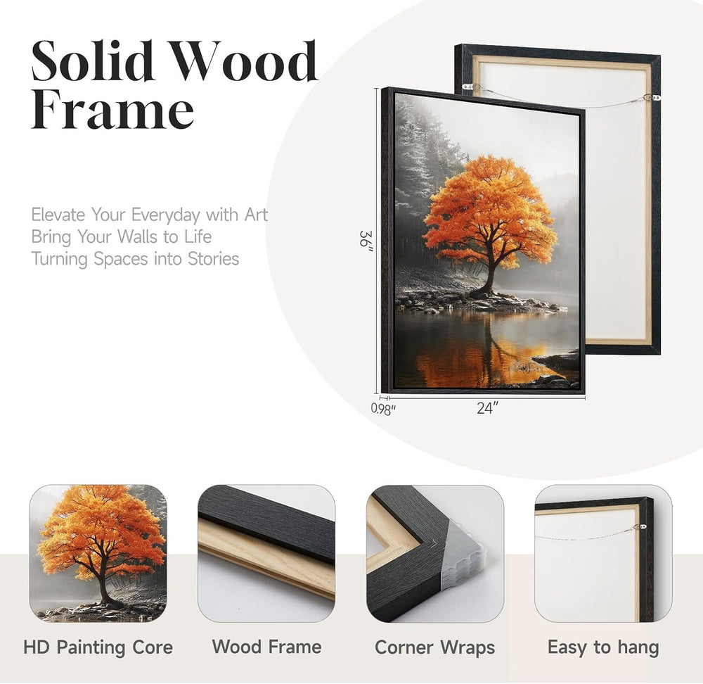 Framed Orange and Grey Fall Tree Forest Lake Landscape Wall Art, 24x36 In
