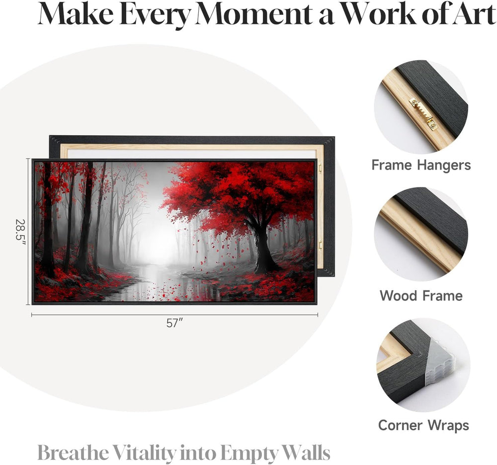 Framed Red Misty Forest Landscape Wall Art for Living Room, 60x30 Inch