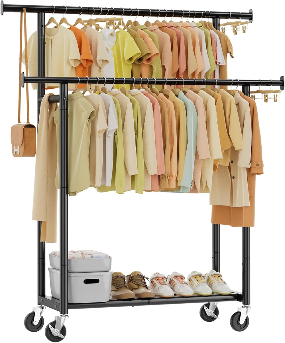 Simple Trending Clothes Rack, Double Rods Clothing Rack with Shelf, Black