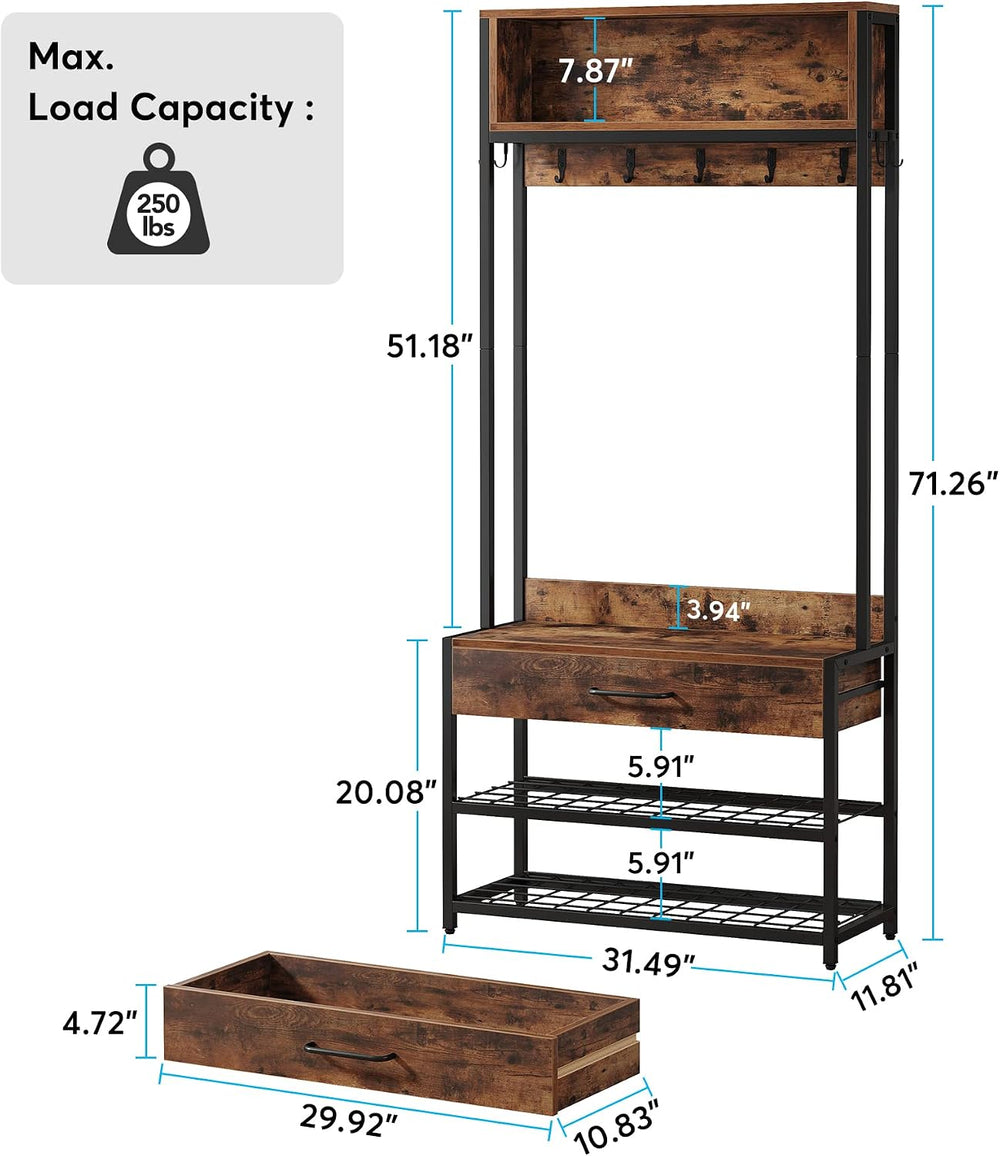 Tribesigns 3-in-1 Entryway Hall Tree with Shoe Bench and Hutch, Brown