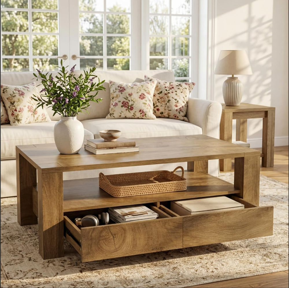 Tribesigns Farmhouse Coffee Table with Storage, 47" Large Rectangle Coff...