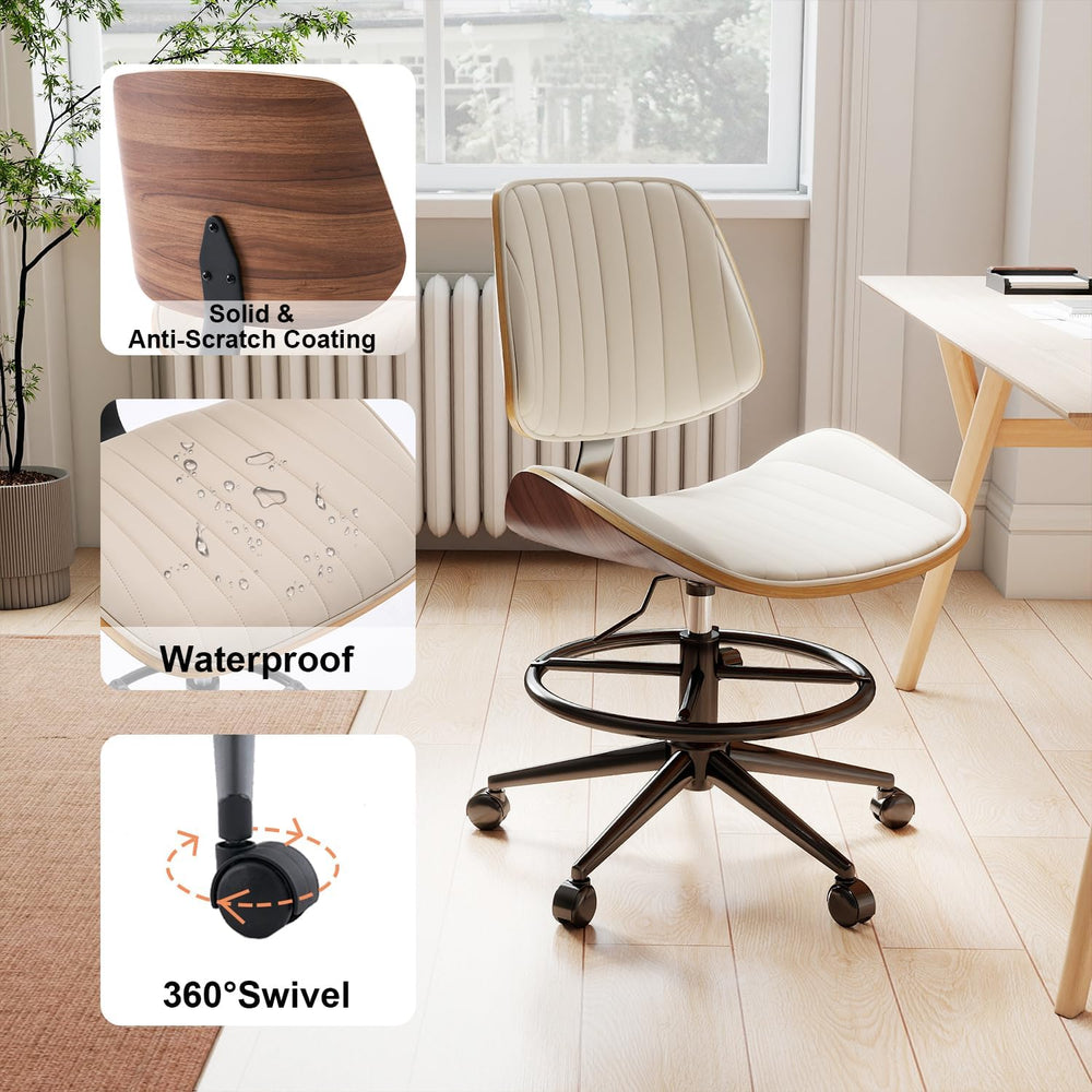 Drafting Chair, Ergonomic Office Chair with Walnut Wood Back Support, Armless...
