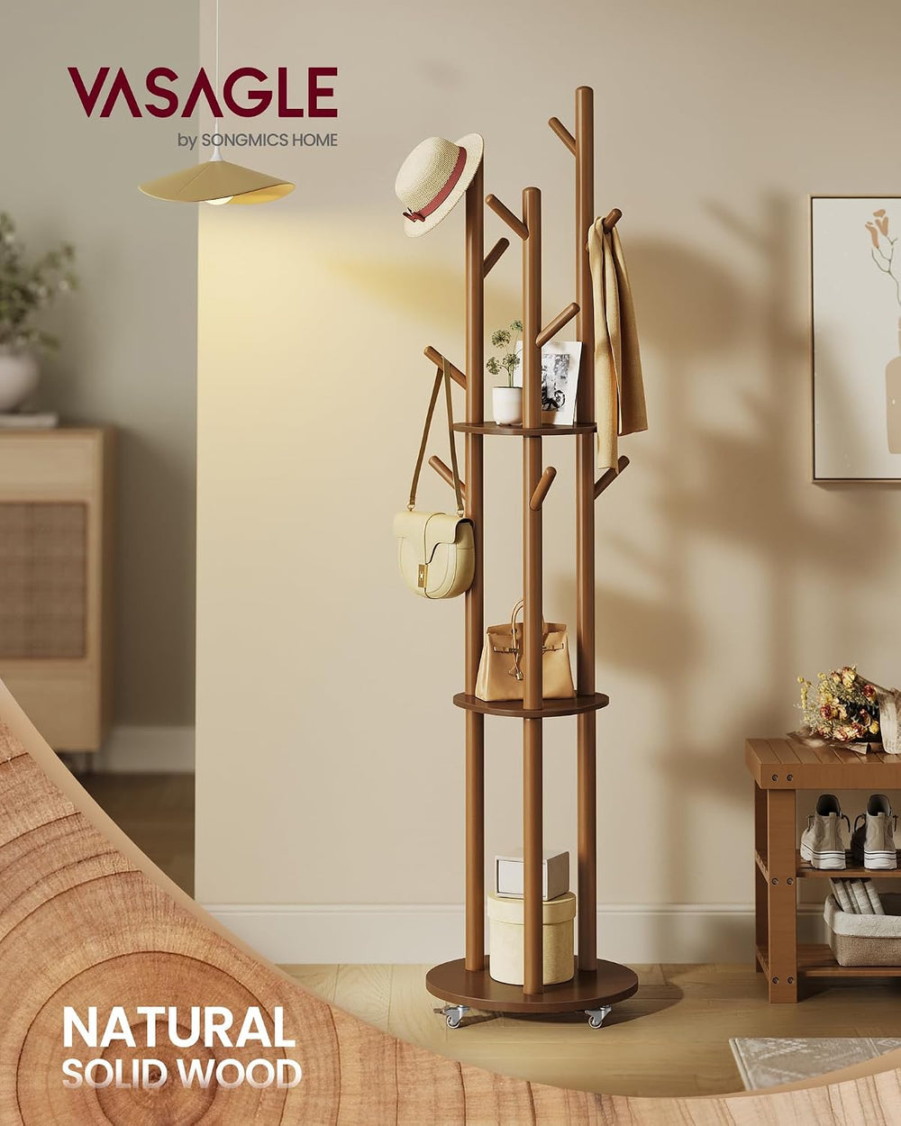 VASAGLE Freestanding Coat Rack Stand, with Wheels, 11 Hooks, 3 Shelves