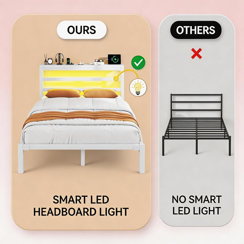 E-Motie Full Bed Frame, Storage Shelf and LED Lights Headboard, White