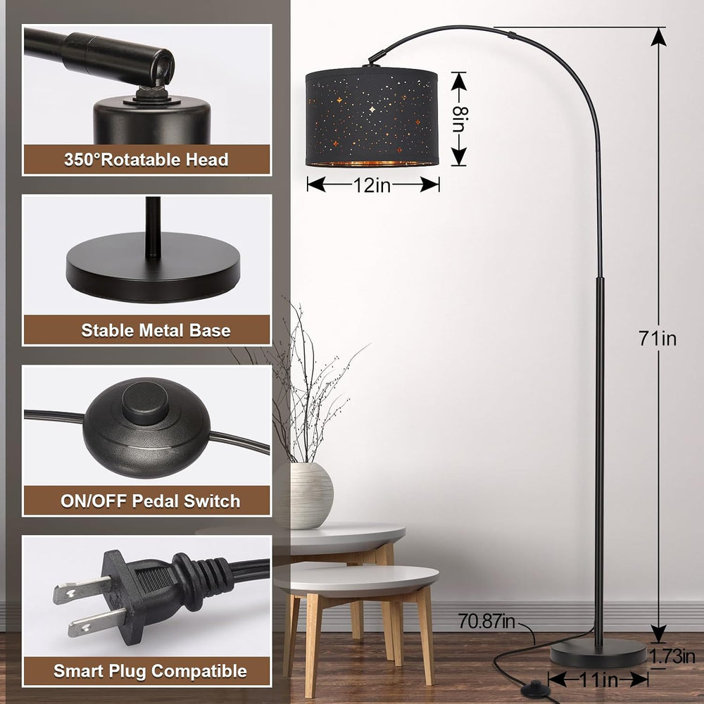 Modern Arc Floor Lamp, Tall Pole Lamp with Black Stars Lampshade