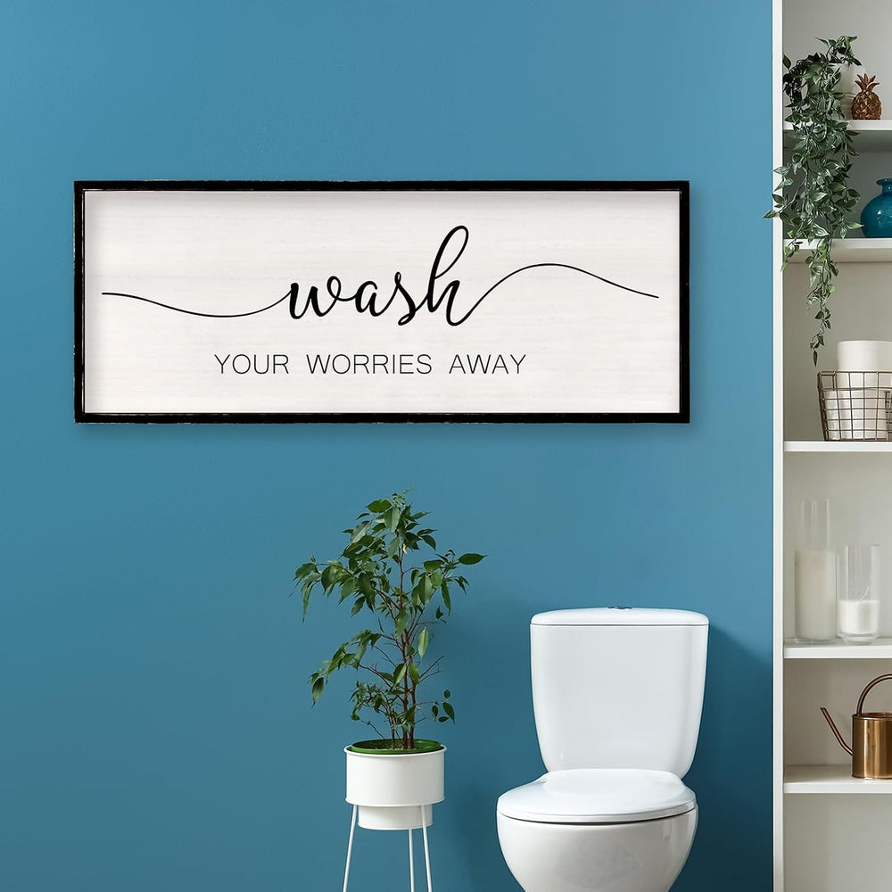 Wash Your Worries Away Bathroom Wall Decor, 40x15 Inch, Black