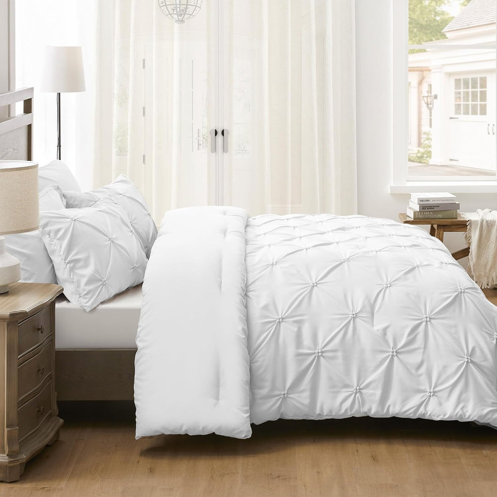 UNIKOME King Size Comforter Set White - Ultra Soft Boho Pintuck Down Alternat...