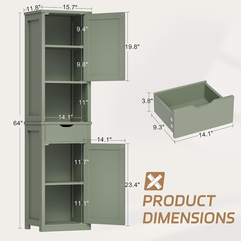 Shintenchi Tall Bathroom Storage Cabinet, Narrow Slim Cabinet, Green