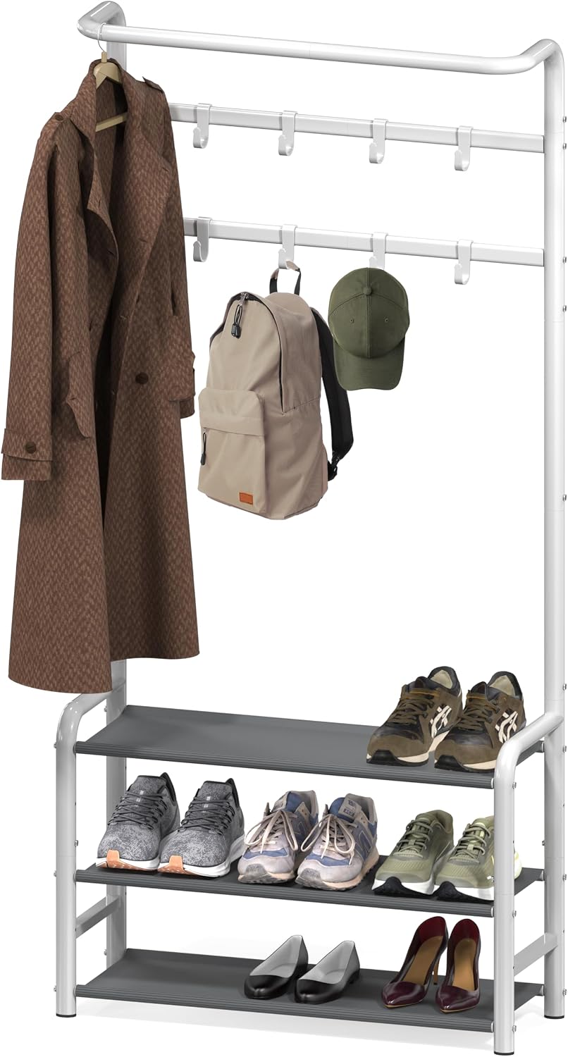 Simple Houseware Coat Rack with Shelf, Standing Hall Tree with Hooks, White