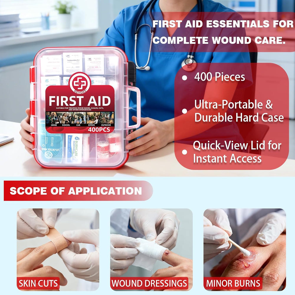 400 Piece First Aid Kit, Organized Dual-Layer Wall-Mountable Hard Case