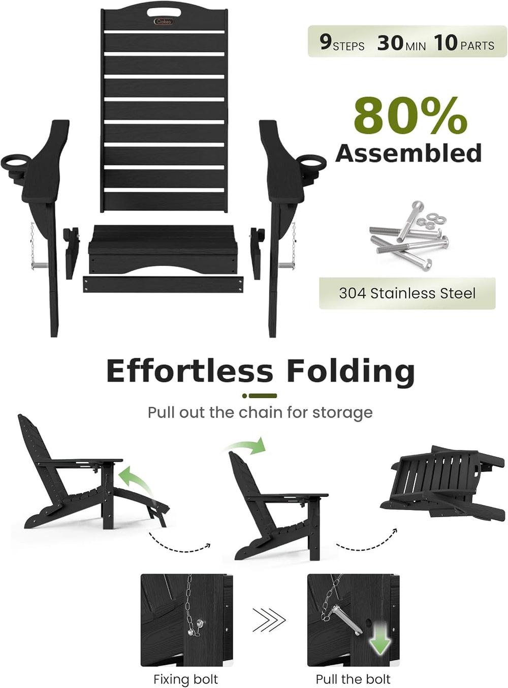 Ciokea HDPE Folding Adirondack Chair with Footrest,Black,6