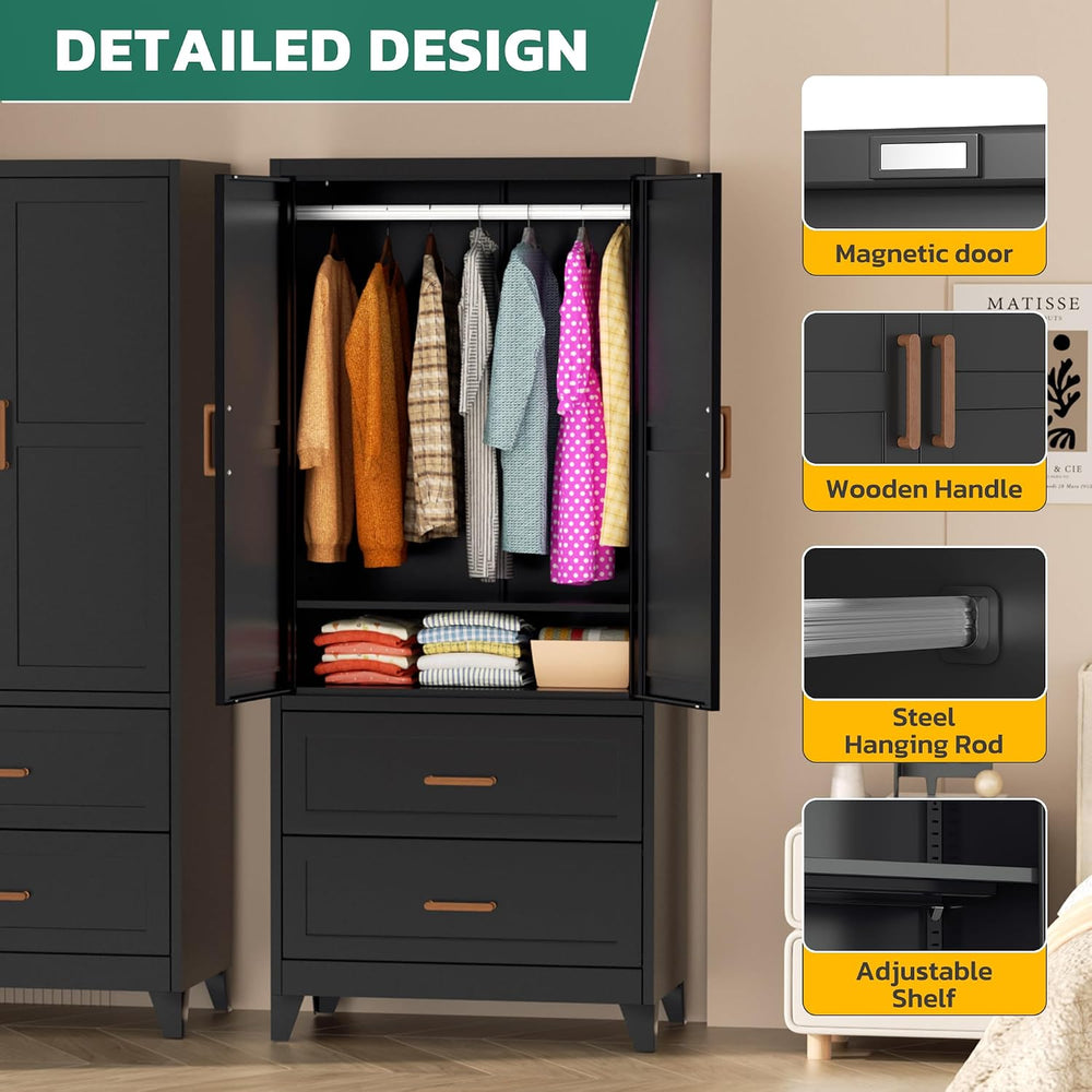 Greenvelly Metal Armoire Wardrobe Closet with 2 Drawers, 18" Deep Metal ...