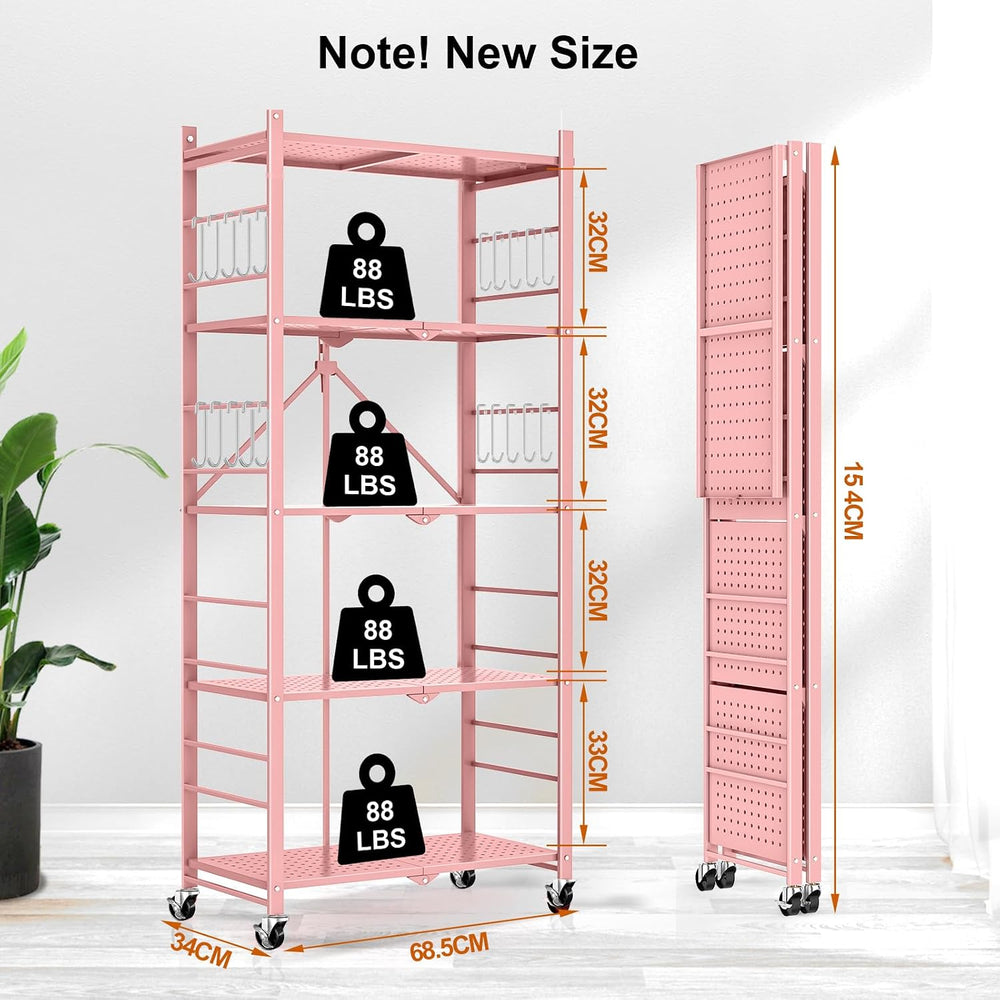Himix 5-Tier Folding Storage Shelves with 20 Hooks Wheels Home Pink