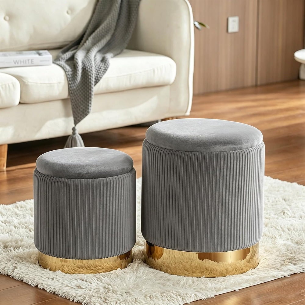 Round Ottoman with Storage Set of 2 Light Gray Velvet Vanity Stool