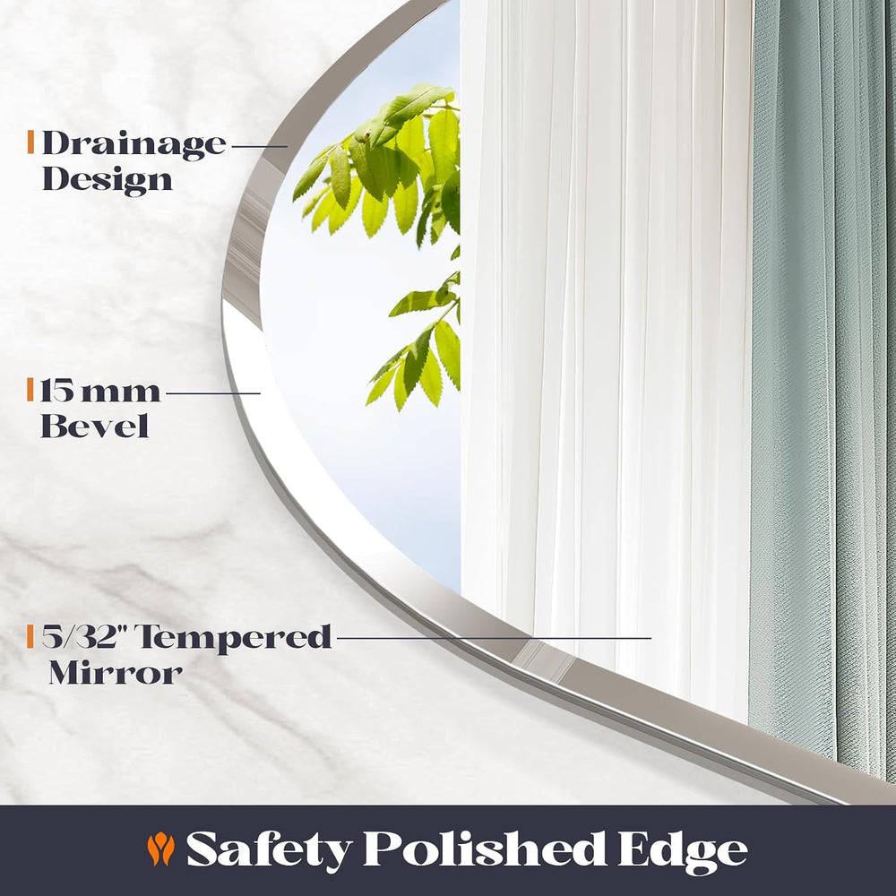 Frameless Bathroom Mirror, 22" x 30" Arched Beveled Vanity Mirror f...