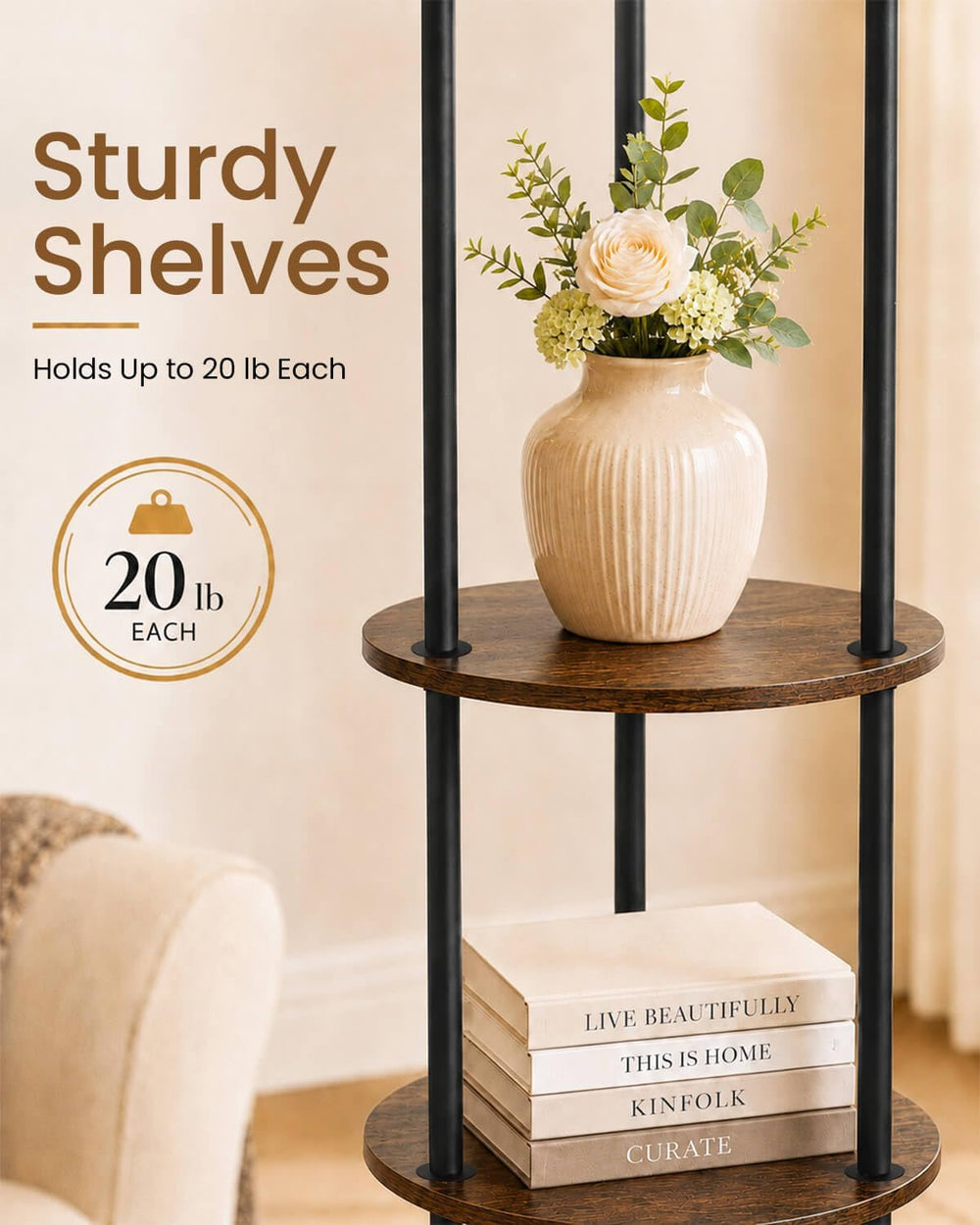 KIZON 71" Floor Lamp with Shelves, 3-Tier Standing Light, Black and Beige