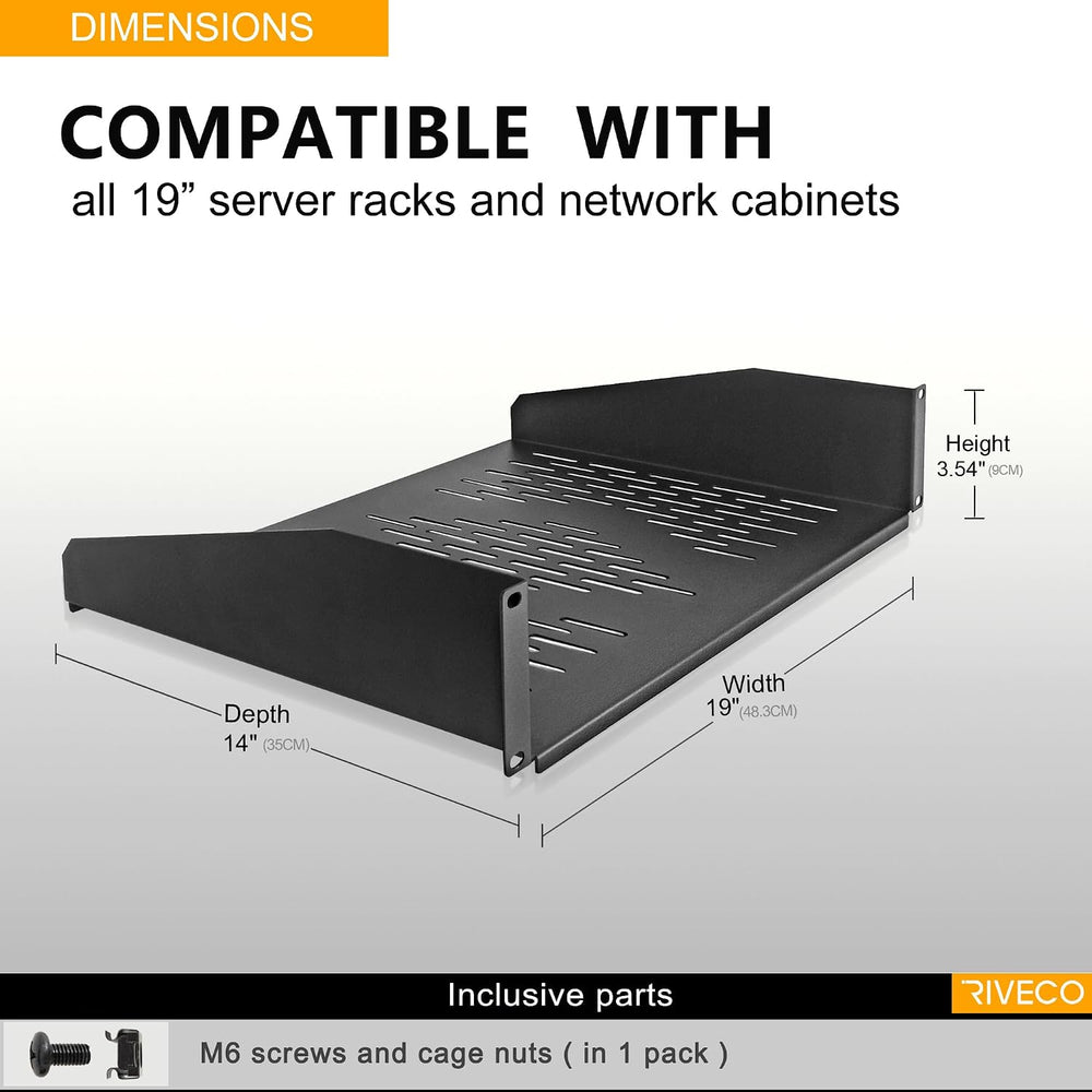 RIVECO 2 PCS 2U Rack Shelves 14 Inch Depth, Rack Mount Vented Cantilevers for...