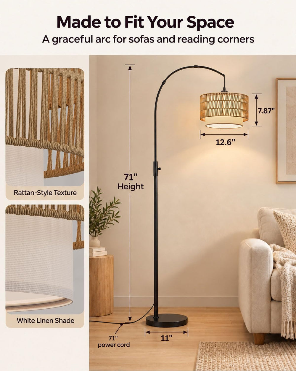 Boho Rattan Arc Floor Lamp, 71" RGB Color Changing, 3-in-1 Shade