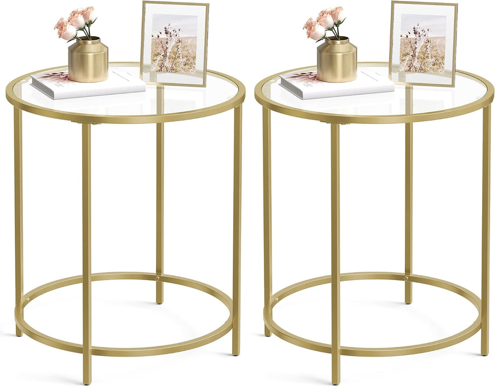 VASAGLE Round Side Tables, Set of 2, Glass End Tables with Metal Frame