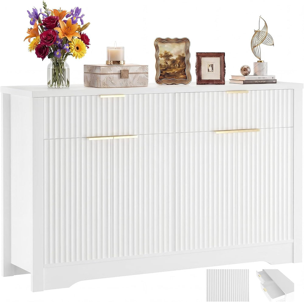 Cyclysio 55" Fluted Sideboard Buffet Cabinet with Drawers (White, 4 Doors)