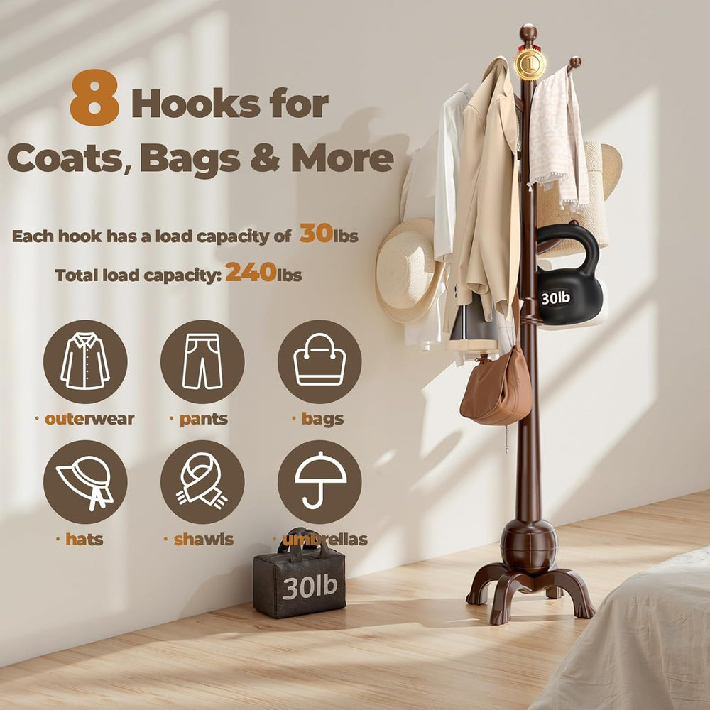 Coat Rack Freestanding with 8 Hooks, Wooden Coat Tree, Black Red