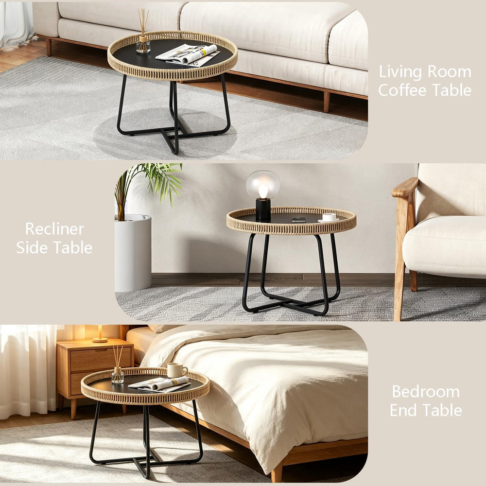 Small Boho Coffee Table Round Rattan, 20 inch Side Table Wicker Metal Legs