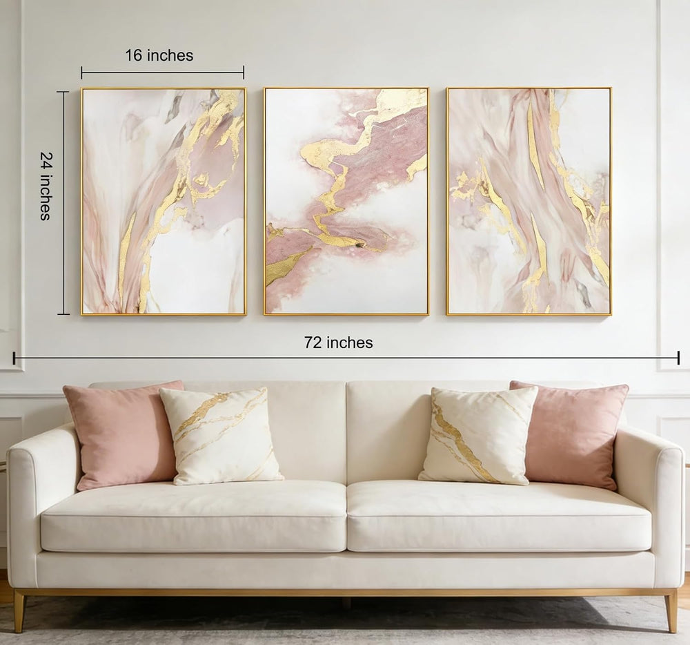 3 Piece Living Room Pink Wall Art, Framed Gold Abstract Painting Water Flow S...