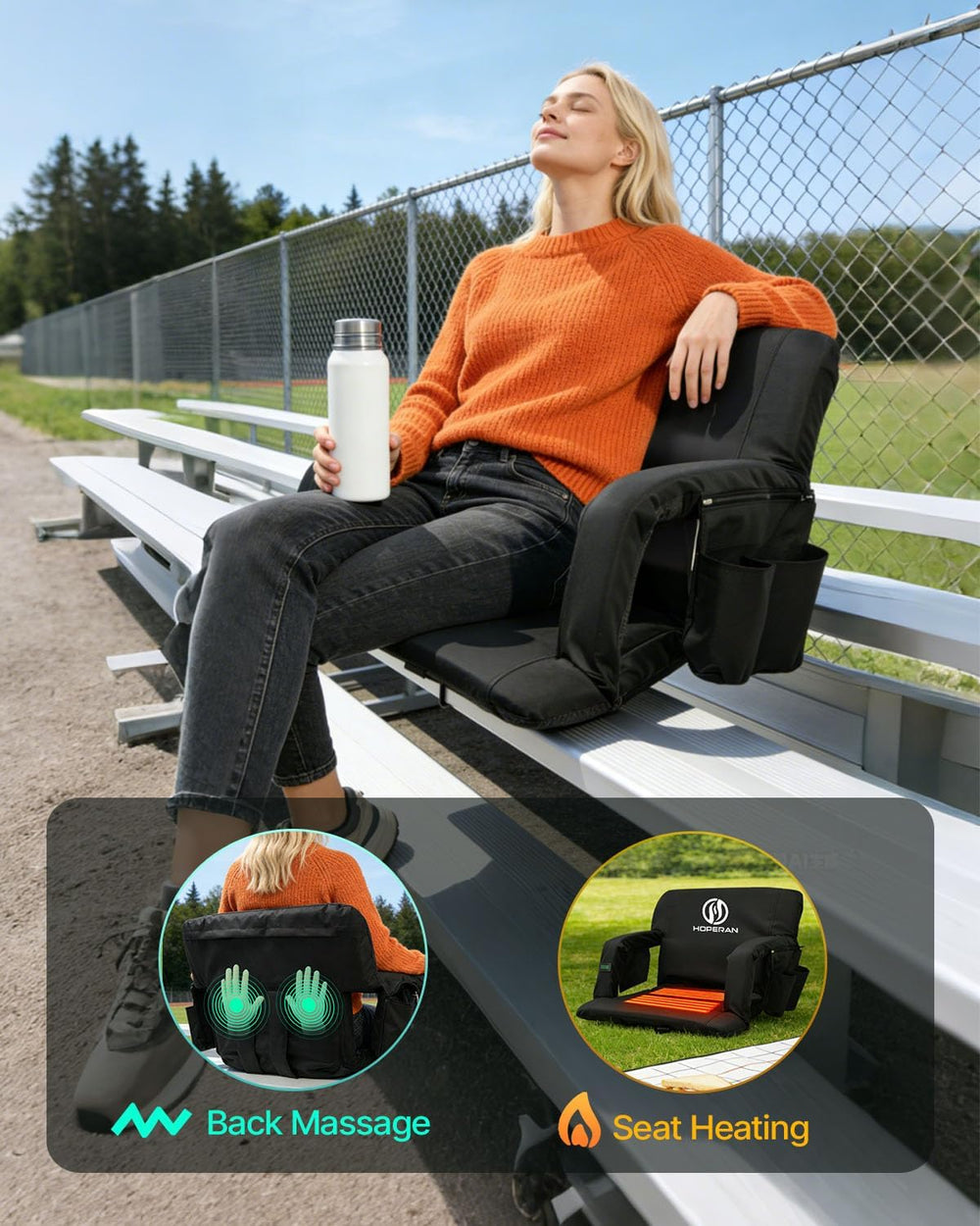HOPERAN Massage Heated Stadium Seats for Bleachers, Dual Control, Portable