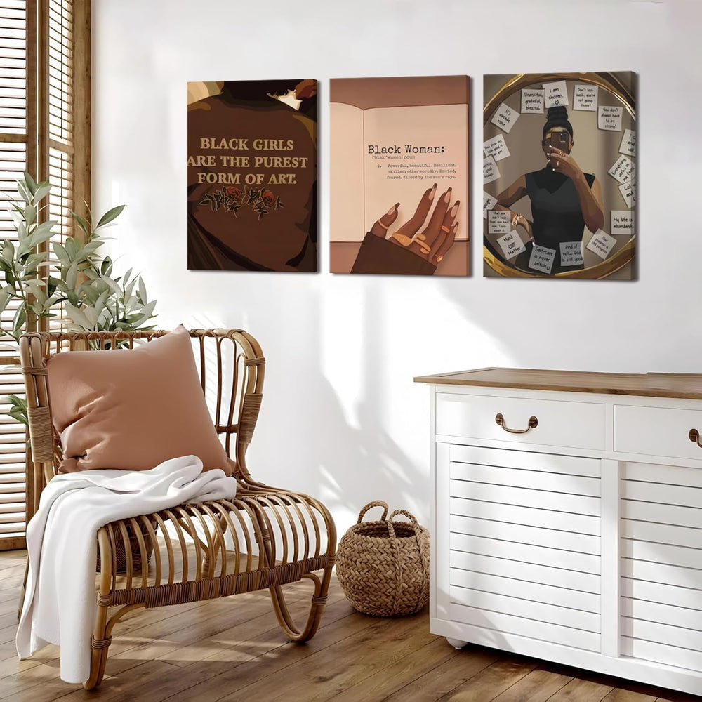 Black Girl Wall Art Set of 3 African American Canvas Wall Decor Fashion Abstr...