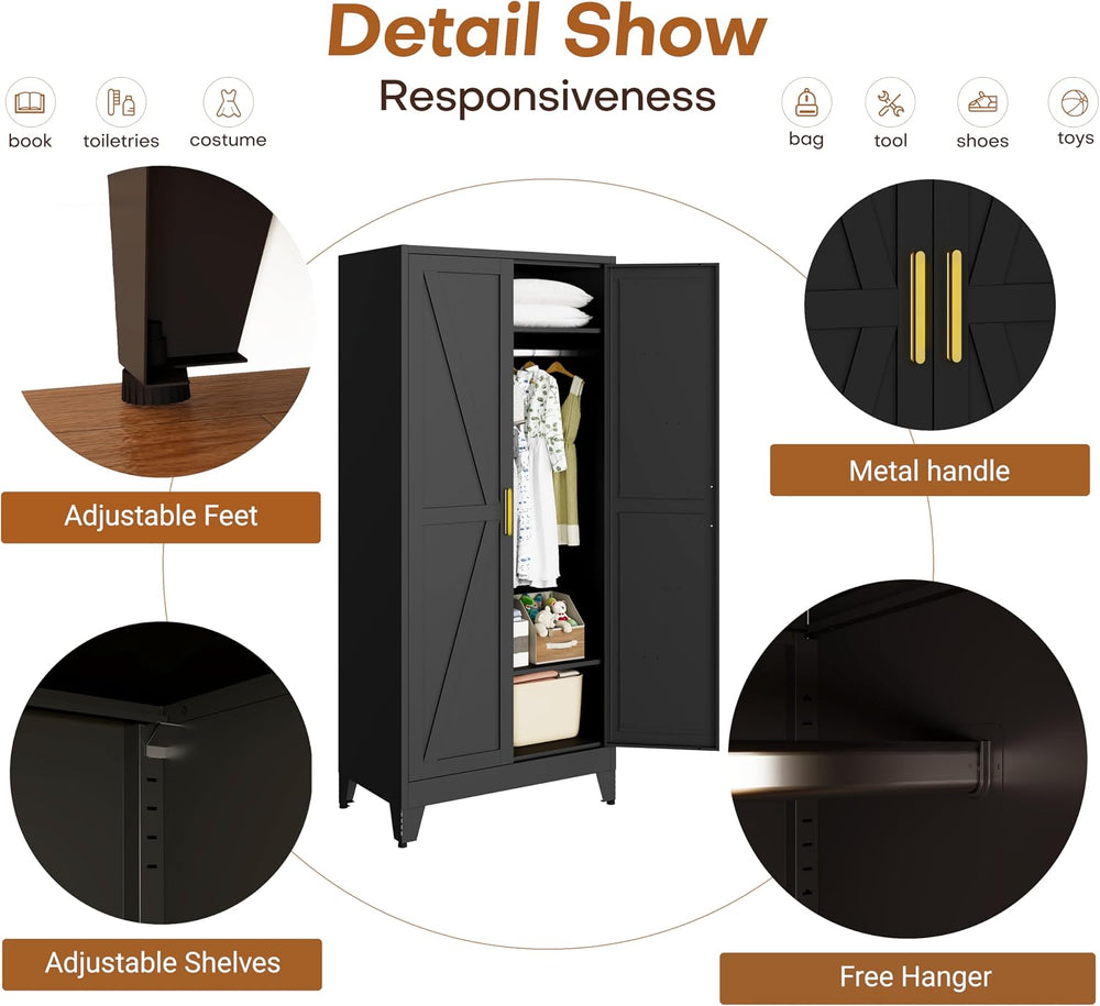 71" Metal Wardrobe Closet Clothing Storage Cabinet with Hanging Rod