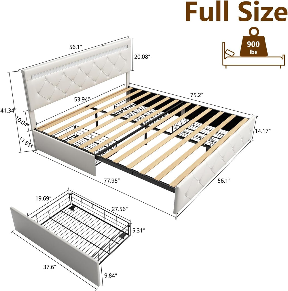 Benevika Full Size Bed Frame with 4 Drawers and LED Light, Charge Station, PU...