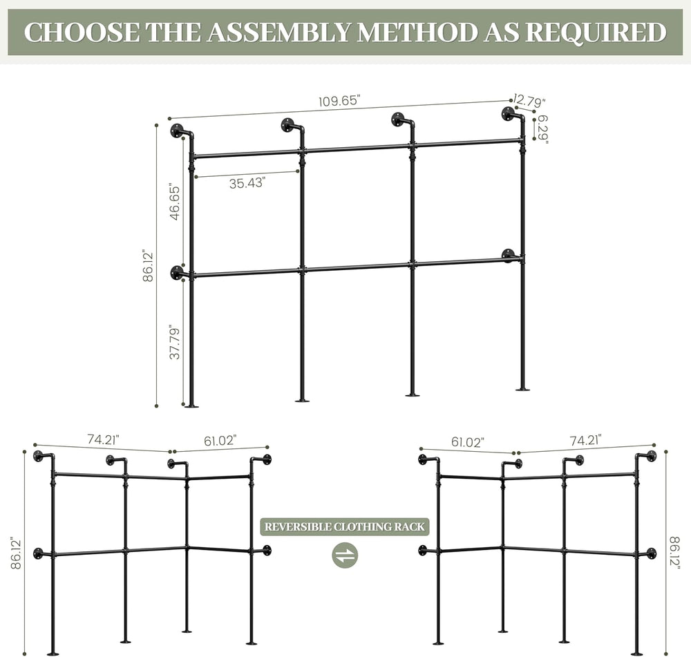 Industrial Pipe Garment Rack 106.3" L-Shaped Wall-Mounted Closet System